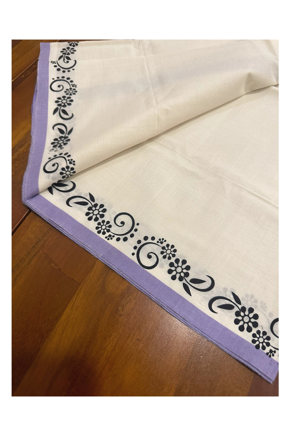 Kerala Cotton Set Mundu (Mundum Neriyathum) with Block Prints on Violet Border (Onam Set Mundu 2023)