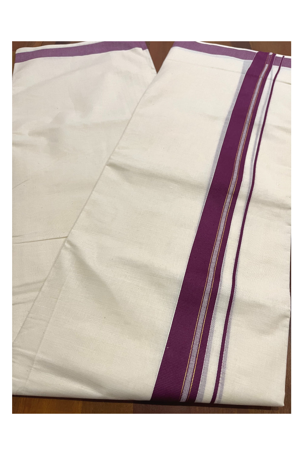 Pure Cotton Kerala Double Mundu with Purple and Kasavu Line Kara (South Indian Kerala Dhoti)