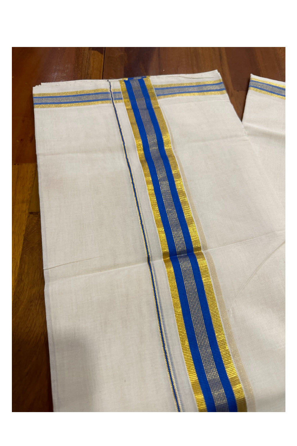 Southloom Premium Handloom Mundu with Blue and Kasavu Kara (Onam Mundu 2023)