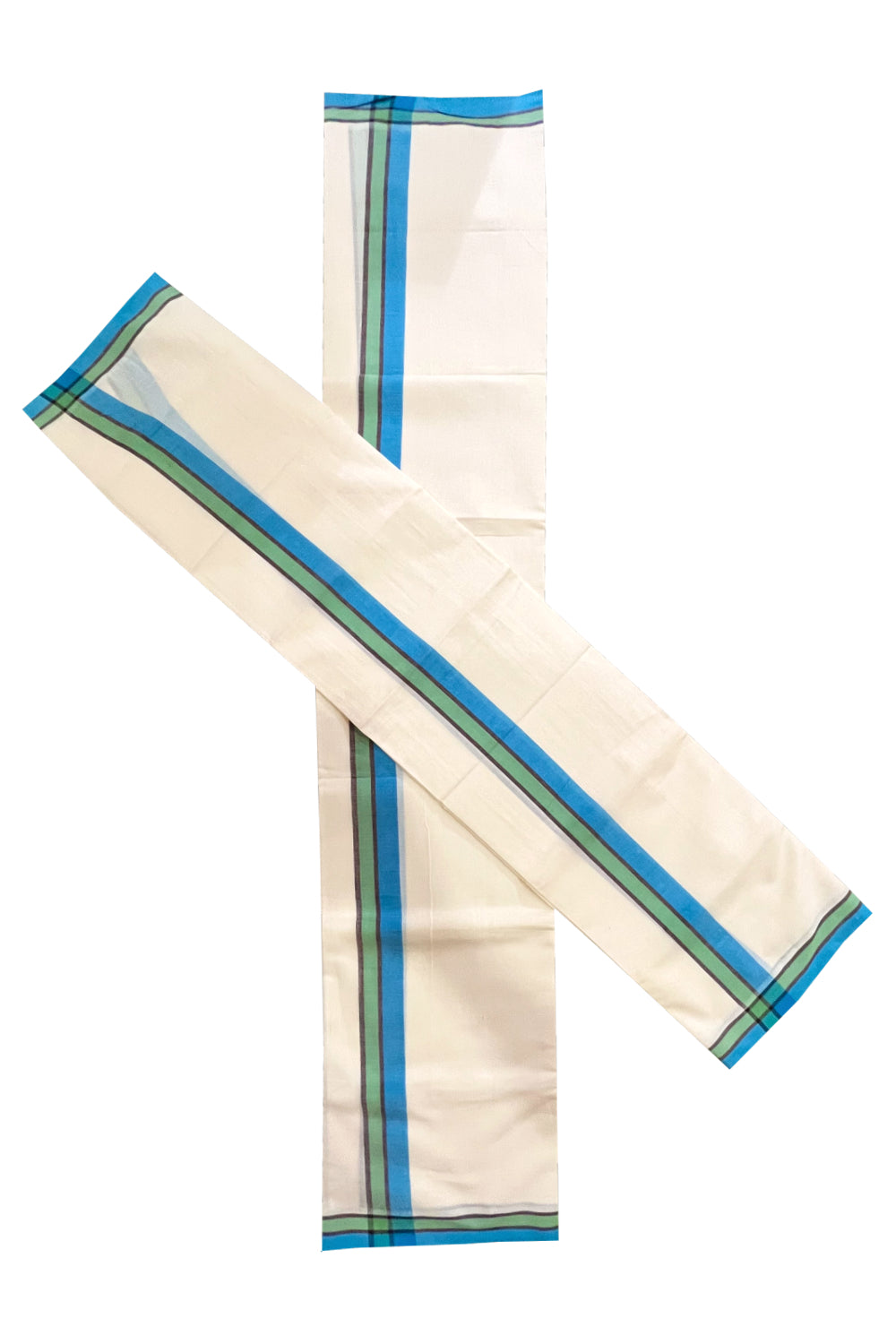 Kerala Cotton Mulloth Mundum Neriyathum Single (Set Mundu) with Blue Green Border (Extra Soft Cotton) 2.80 Mtrs