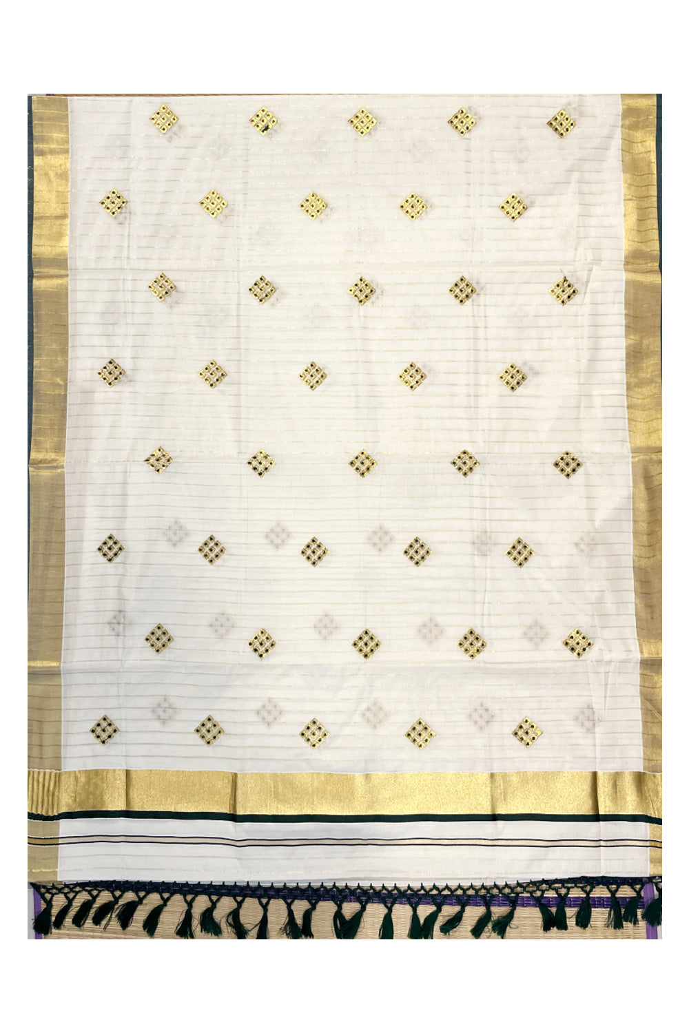 Kerala Cotton Kasavu Stripes Saree with Green Floral Embroidery Design on Body