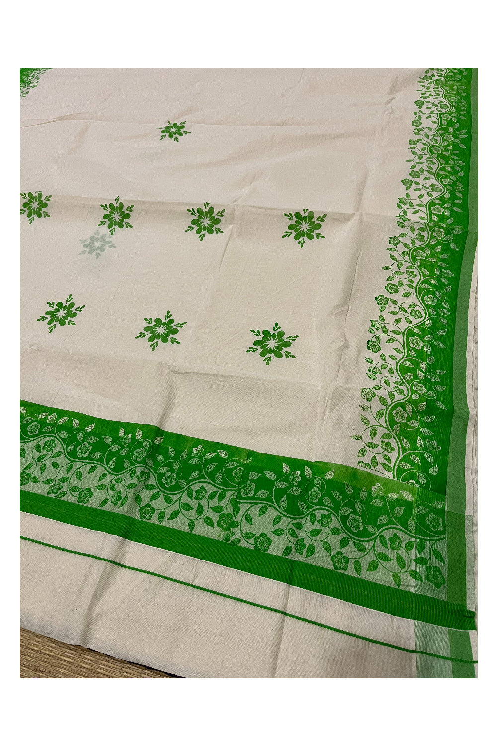 Kerala Cotton Saree with Light Green Floral Block Prints on Border (Onam Saree 2023)