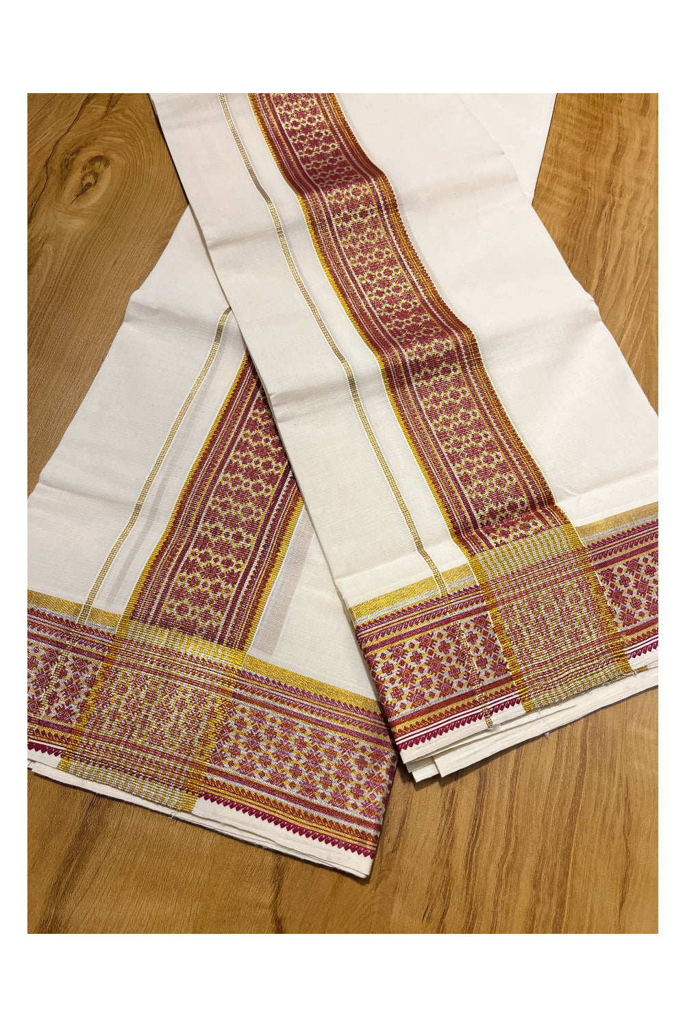 Kerala Pure Cotton Set Mundu Single (Mundum Neriyathum) with Maroon Block Prints on Kasavu and Silver Border 2.80Mtrs(Onam 2024 Collection)