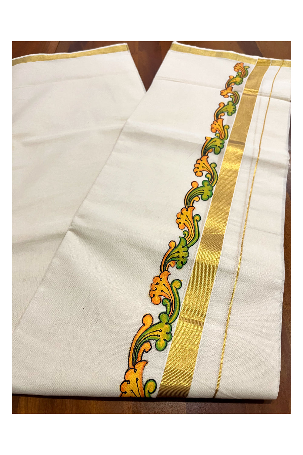 Kerala Pure Cotton Double Mundu with Mural Painted Design on Kasavu Border (South Indian Kerala Dhoti)