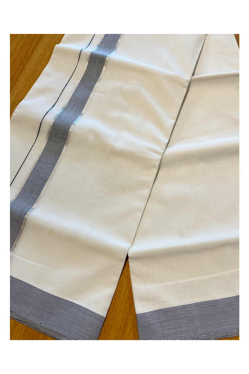 Southloom Premium Handloom Cotton Double Mundu with Silver Kasavu And Blue Lines Border