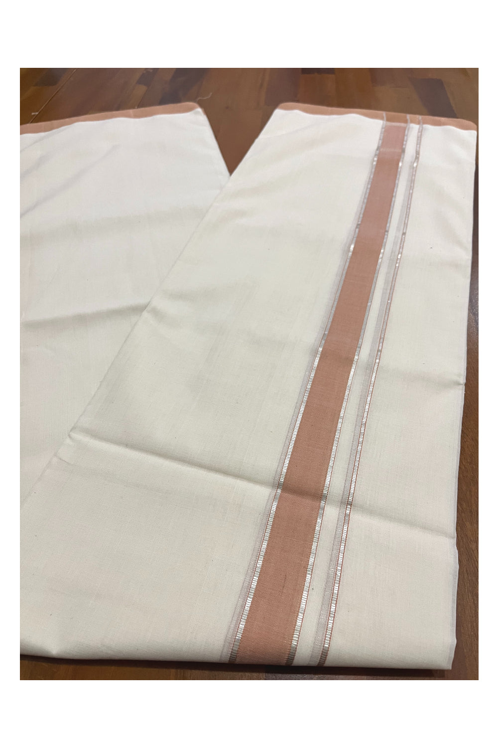 Southloom Premium Balaramapuram Unakkupaavu Handloom Mundu with Brown and Silver Kasavu Border (South Indian Kerala Dhoti)