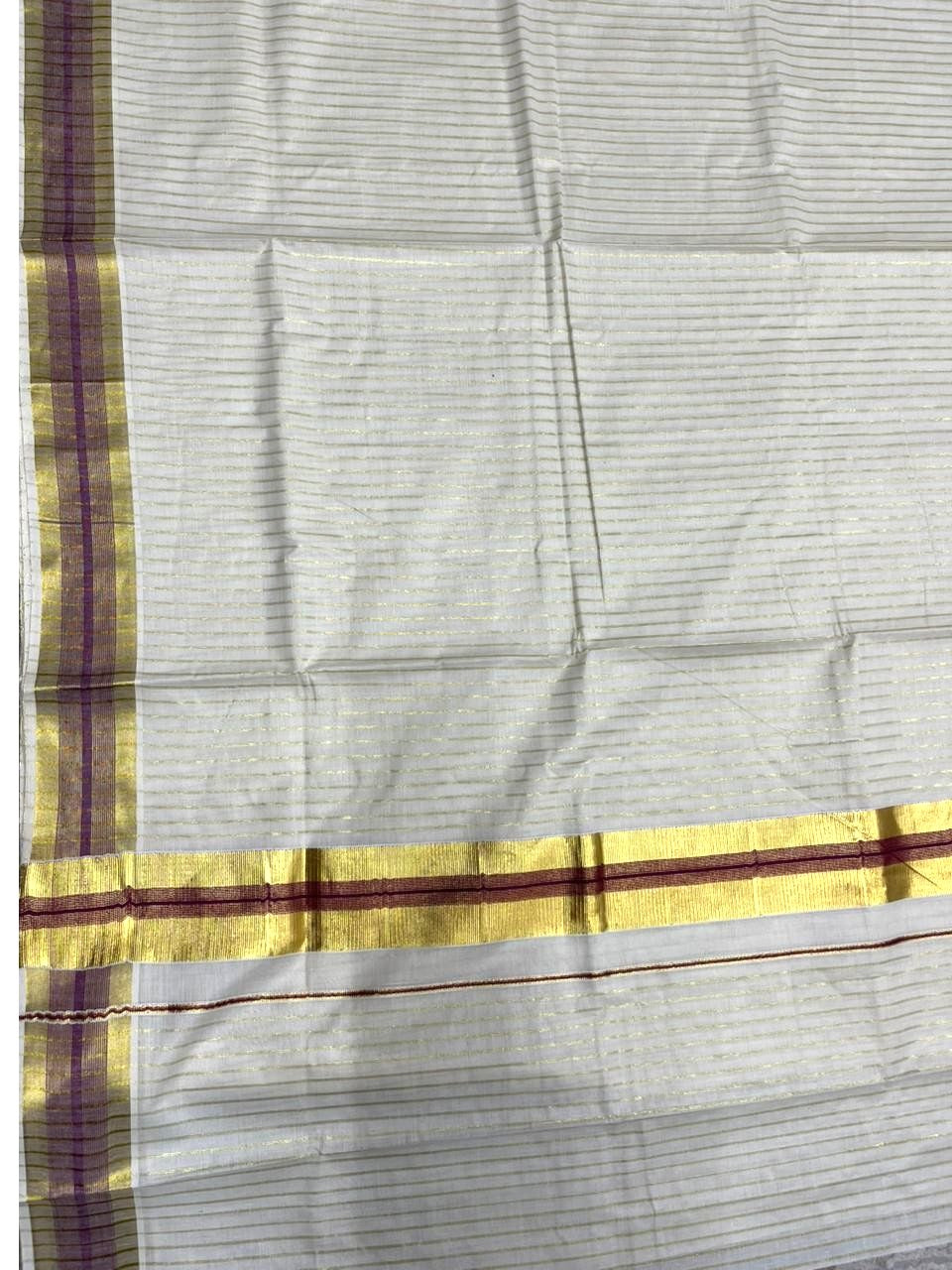 Southloom Pure Cotton Kerala Kasavu Lines Design Saree with Purple Border