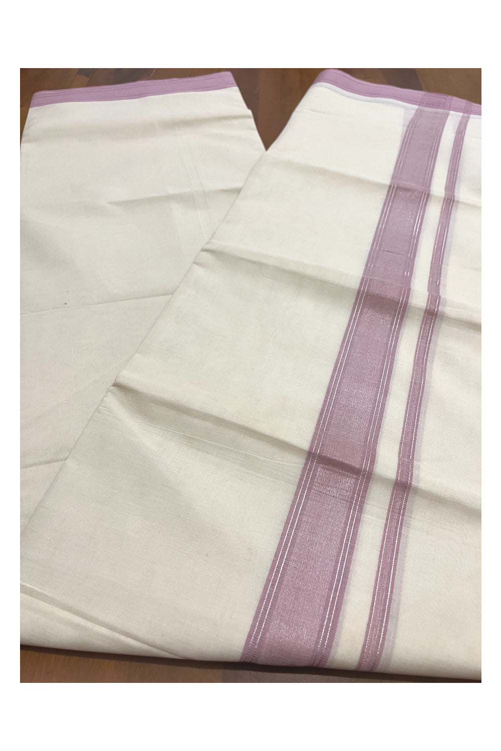 Pure Cotton 100x100 Double Mundu with Pink and Silver Kasavu Line Border (Onam Mundu 2023)