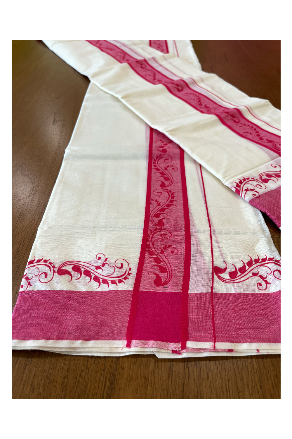 Cotton Single Set Mundu (Mundu Neriyathum) with Block Prints on Pink Border