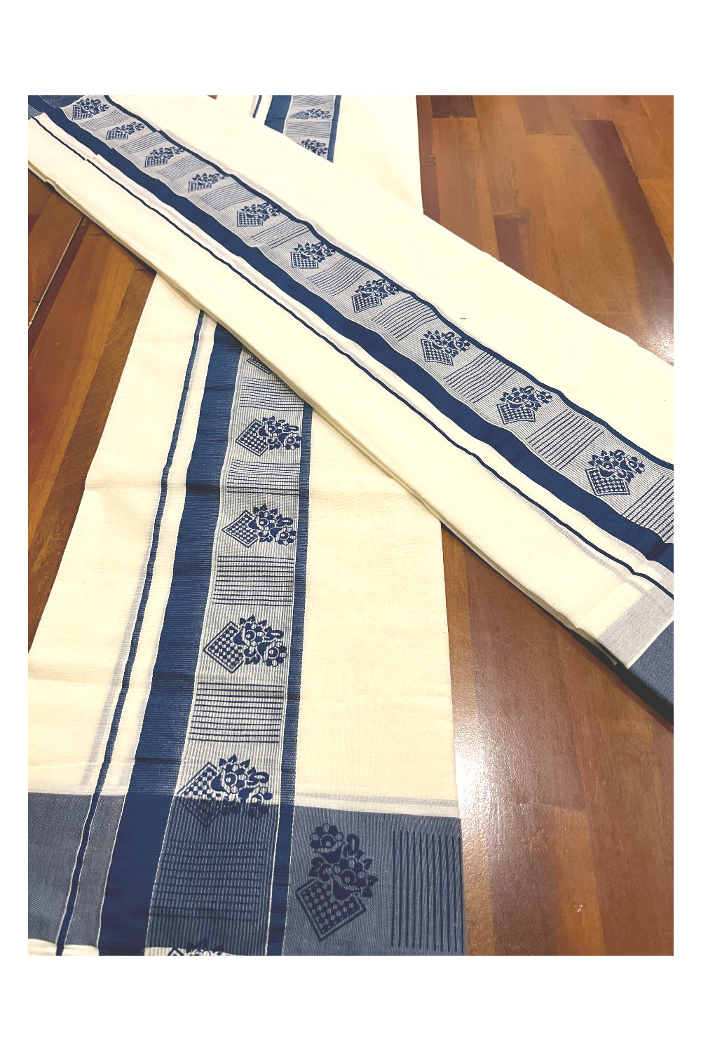 Southloom Pure Cotton Kerala Single Set Mundu with Blue Block Prints on Border (Onam Set Mundu 2023)