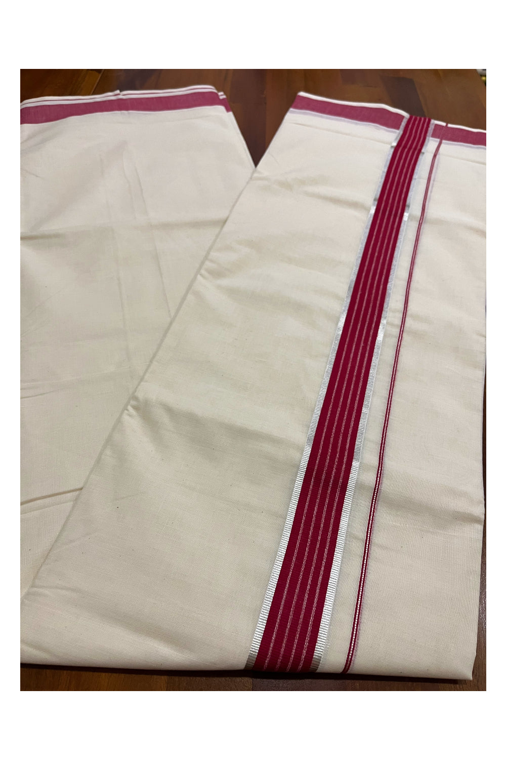 Kerala Cotton Double Mundu with Maroon and Silver Kasavu Line Border (Onam Mundu 2023)