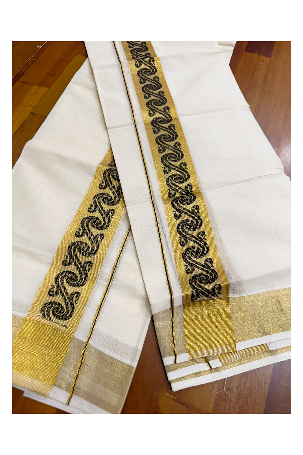 Kerala Pure Cotton Set Mundu Single (Mundum Neriyathum) with Black Block Prints on Kasavu Border-2.80Mtrs