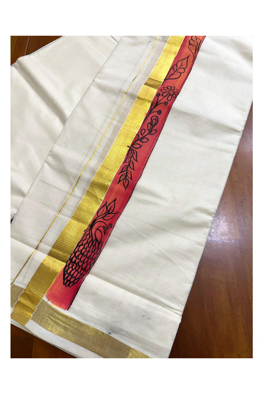 Kerala Pure Cotton Double Mundu with Hand Painted Designs on Kasavu Border(South Indian Kerala Dhoti)