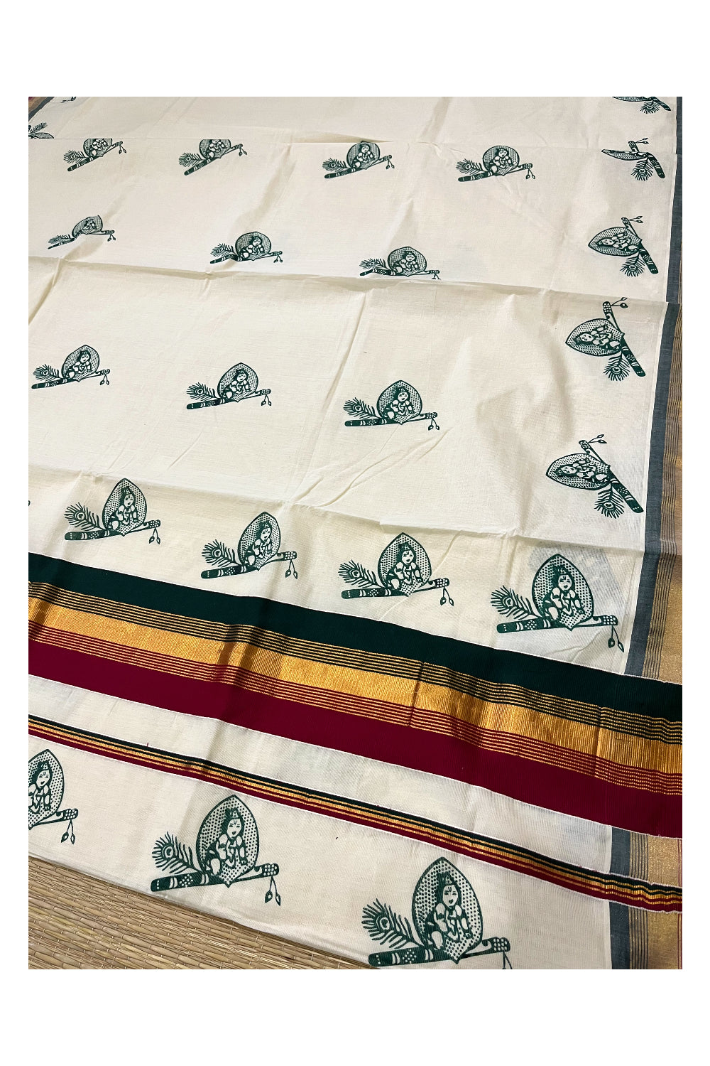 Pure Cotton Kerala Kasavu Saree with Krishna Block Printed Maroon Green Border