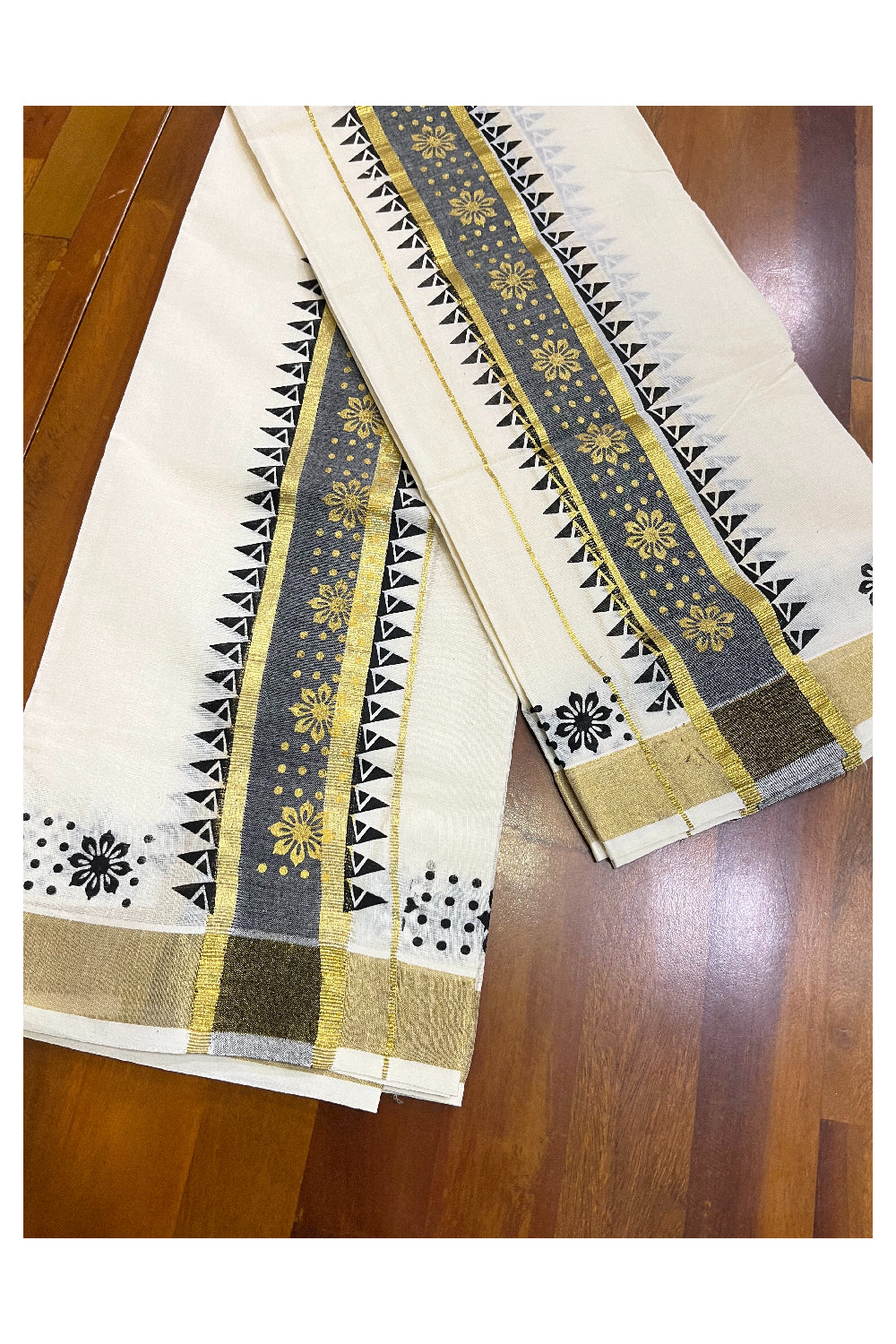 Kerala Cotton Single Set Mundu (Mundum Neriyathum) with Black Temple and Golden Block Prints on Kasavu Border - 2.80Mtrs