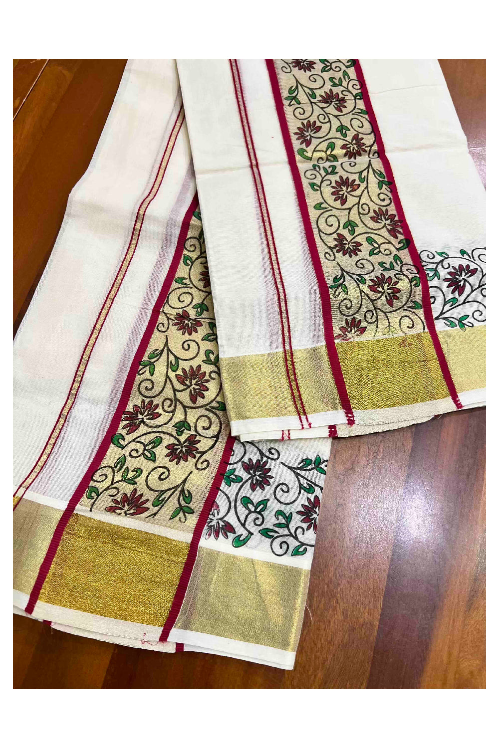 Kerala Cotton Single Set Mundu (Mundum Neriyathum) with Floral Block Prints on Kasavu Red Border
