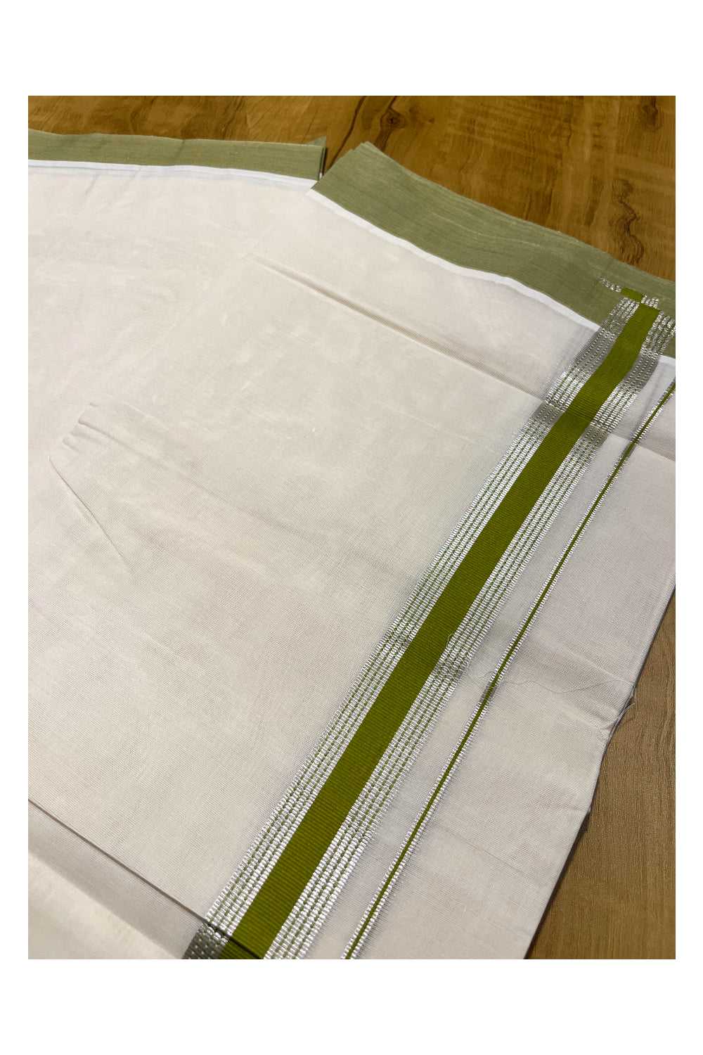 Pure Cotton Off White Double Mundu with Silver Kasavu and Green Border (South Indian Kerala Dhoti)