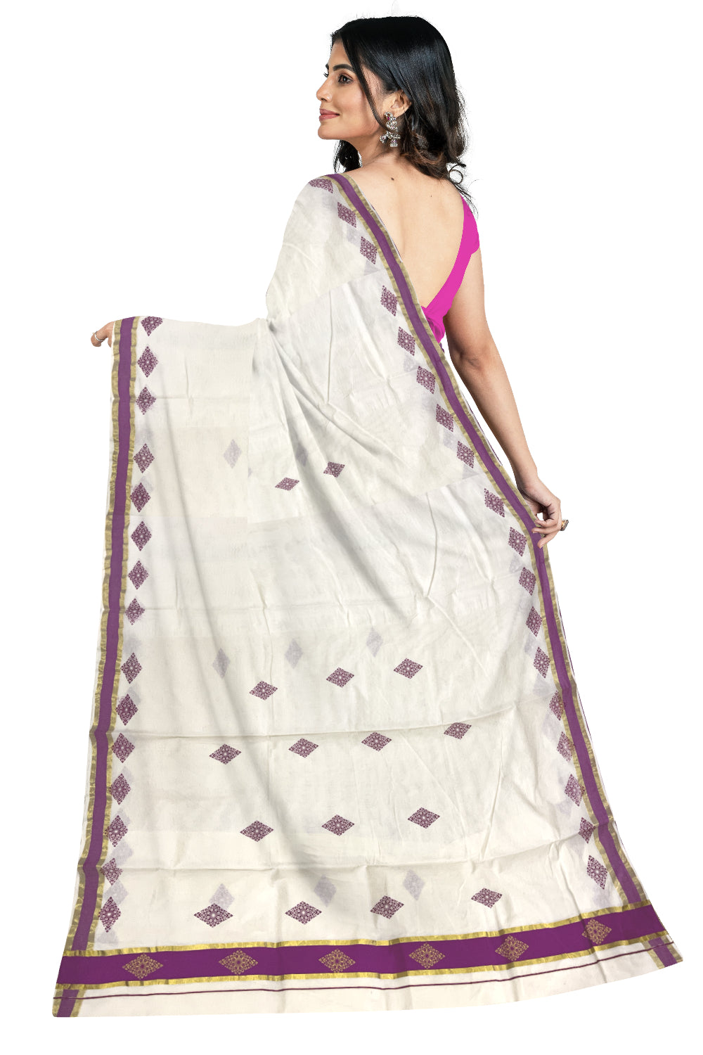 Pure Cotton Kerala Saree with Magenta Block Prints and Kasavu Border