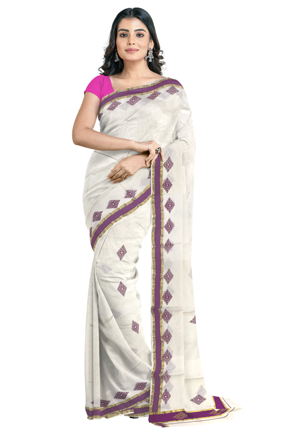 Pure Cotton Kerala Saree with Magenta Block Prints and Kasavu Border