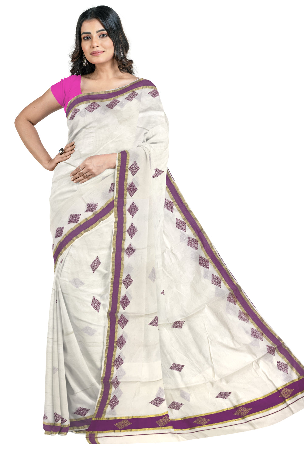 Pure Cotton Kerala Saree with Magenta Block Prints and Kasavu Border