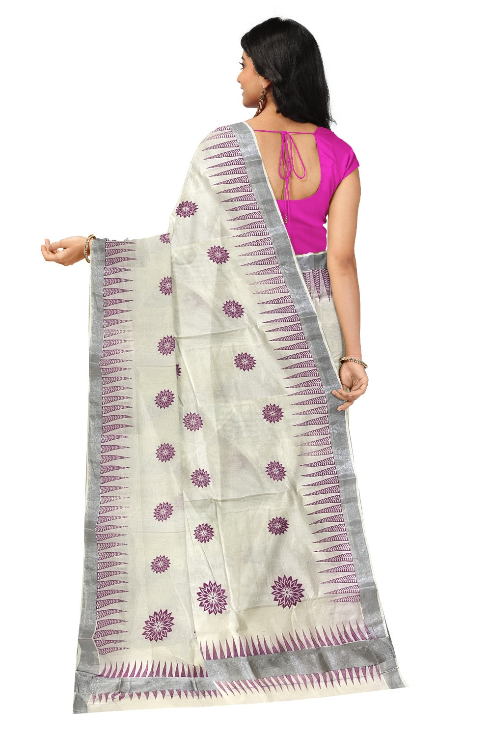 Pure Cotton Kerala Saree with Pink Temple Block Prints and Silver Kasavu Border (Onam Saree 2023)