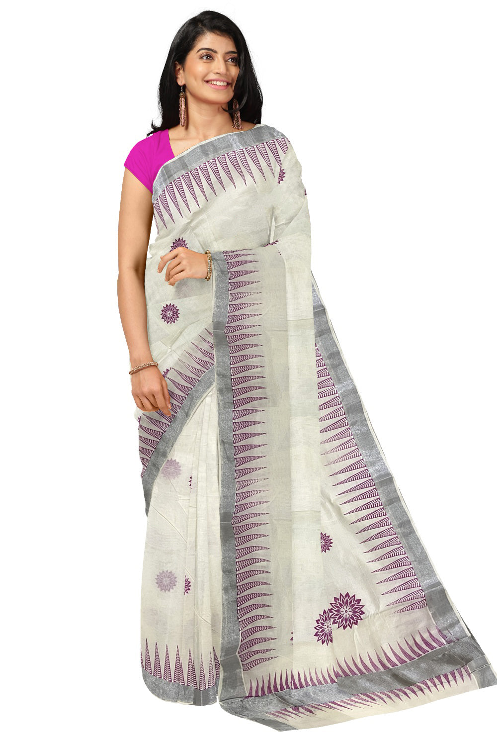 Pure Cotton Kerala Saree with Pink Temple Block Prints and Silver Kasavu Border (Onam Saree 2023)