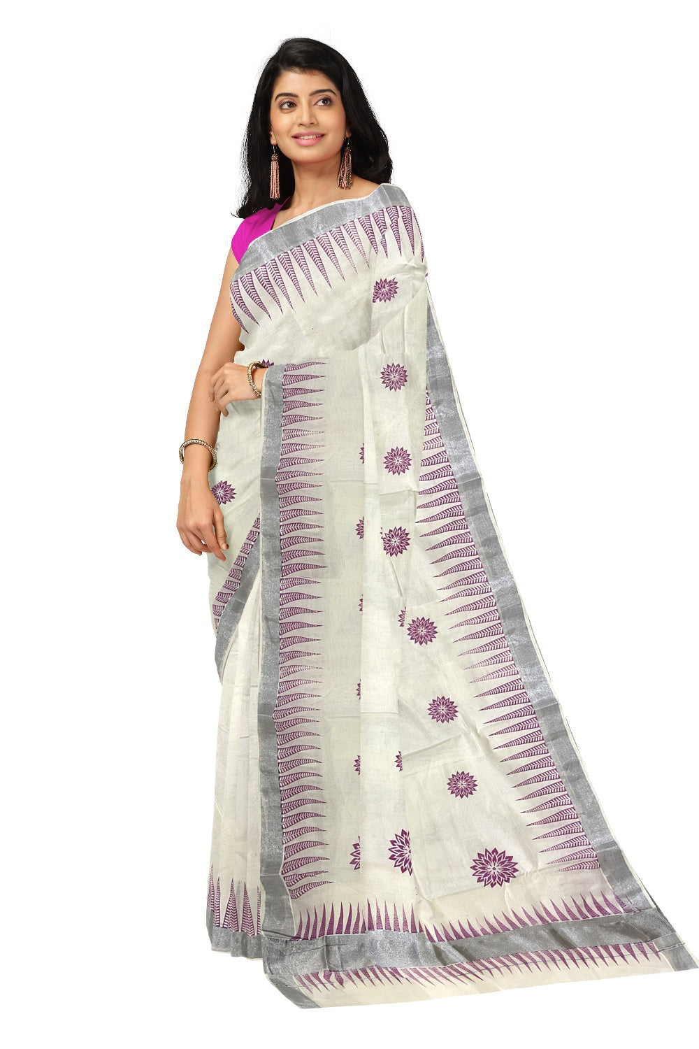 Pure Cotton Kerala Saree with Pink Temple Block Prints and Silver Kasavu Border (Onam Saree 2023)