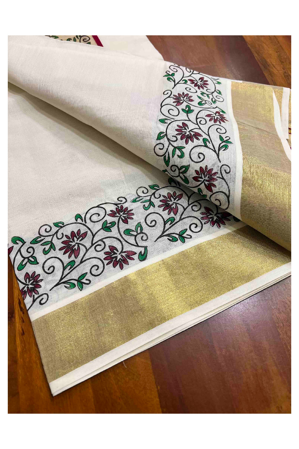 Kerala Cotton Single Set Mundu (Mundum Neriyathum) with Floral Block Prints on Kasavu Red Border