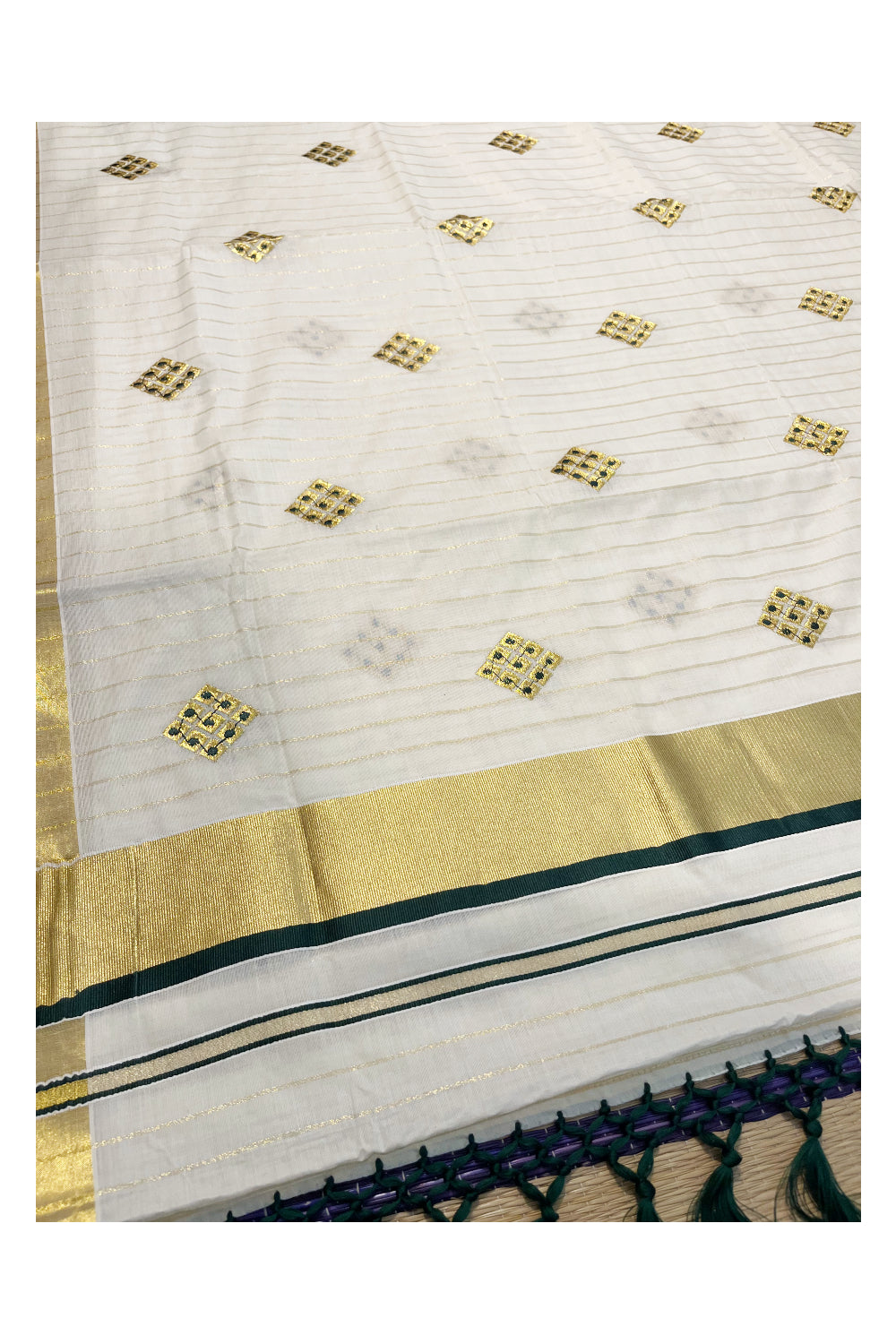 Kerala Cotton Kasavu Stripes Saree with Green Floral Embroidery Design on Body