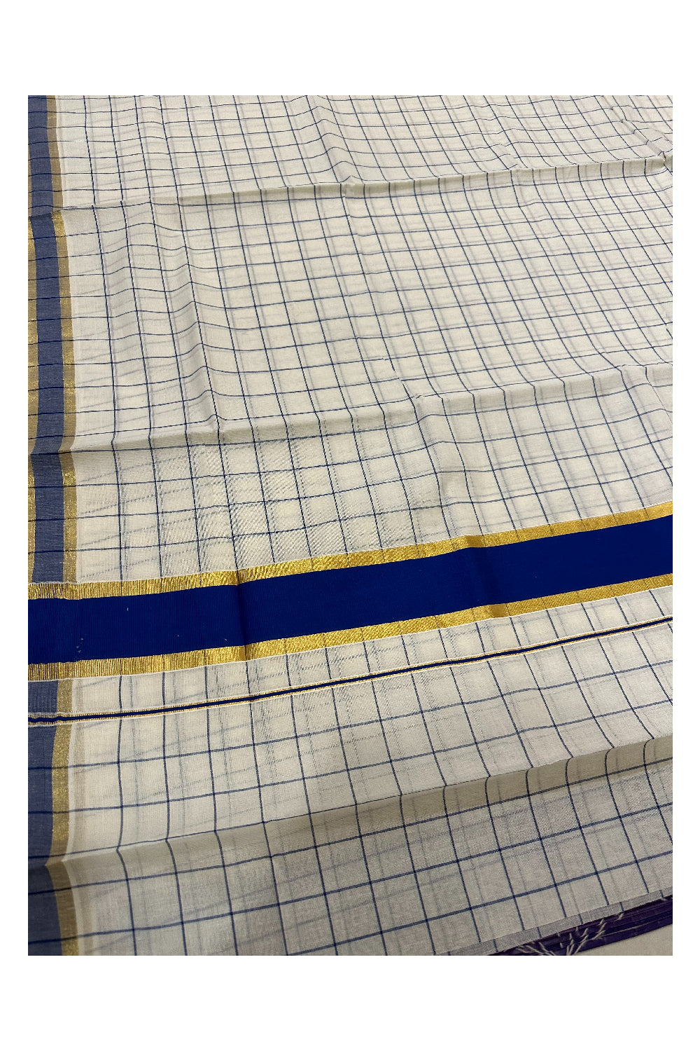 Kerala Woven Check Design Saree with Kasavu and Blue Border