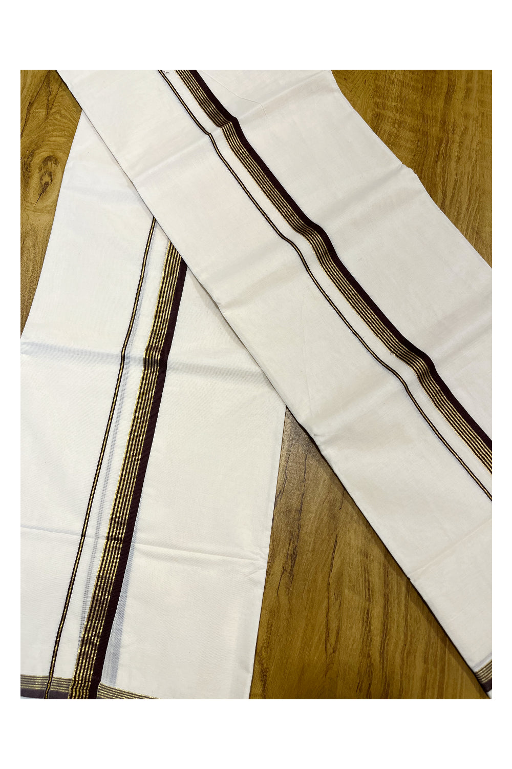 Kerala Pure Cotton Set Mundu Single (Mundum Neriyathum) with Brown and Kasavu Border 2.80 Mtrs