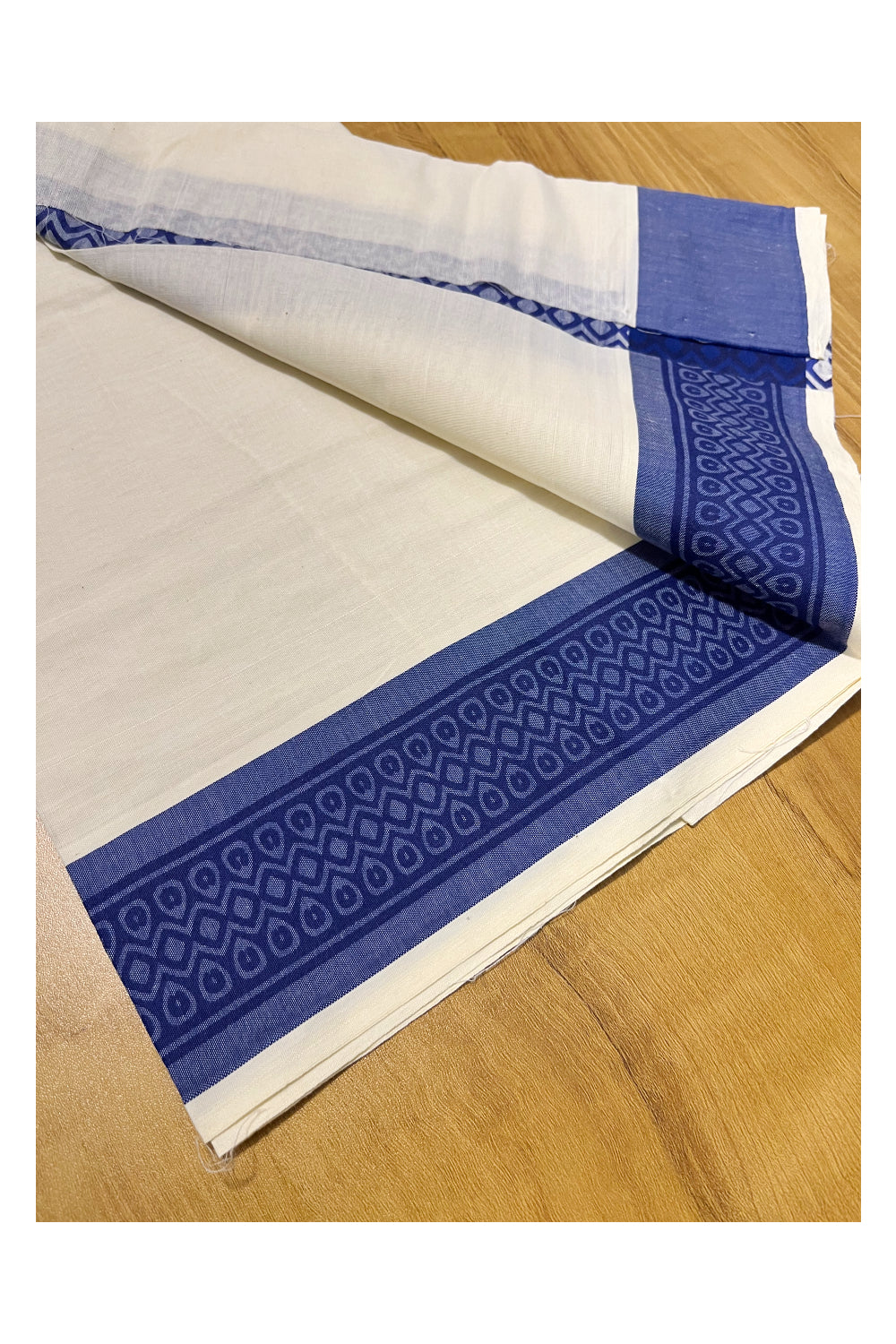 Kerala Cotton Single Set Mundu (Mundum Neriyathum) with Blue Block print Border 2.80Mtrs