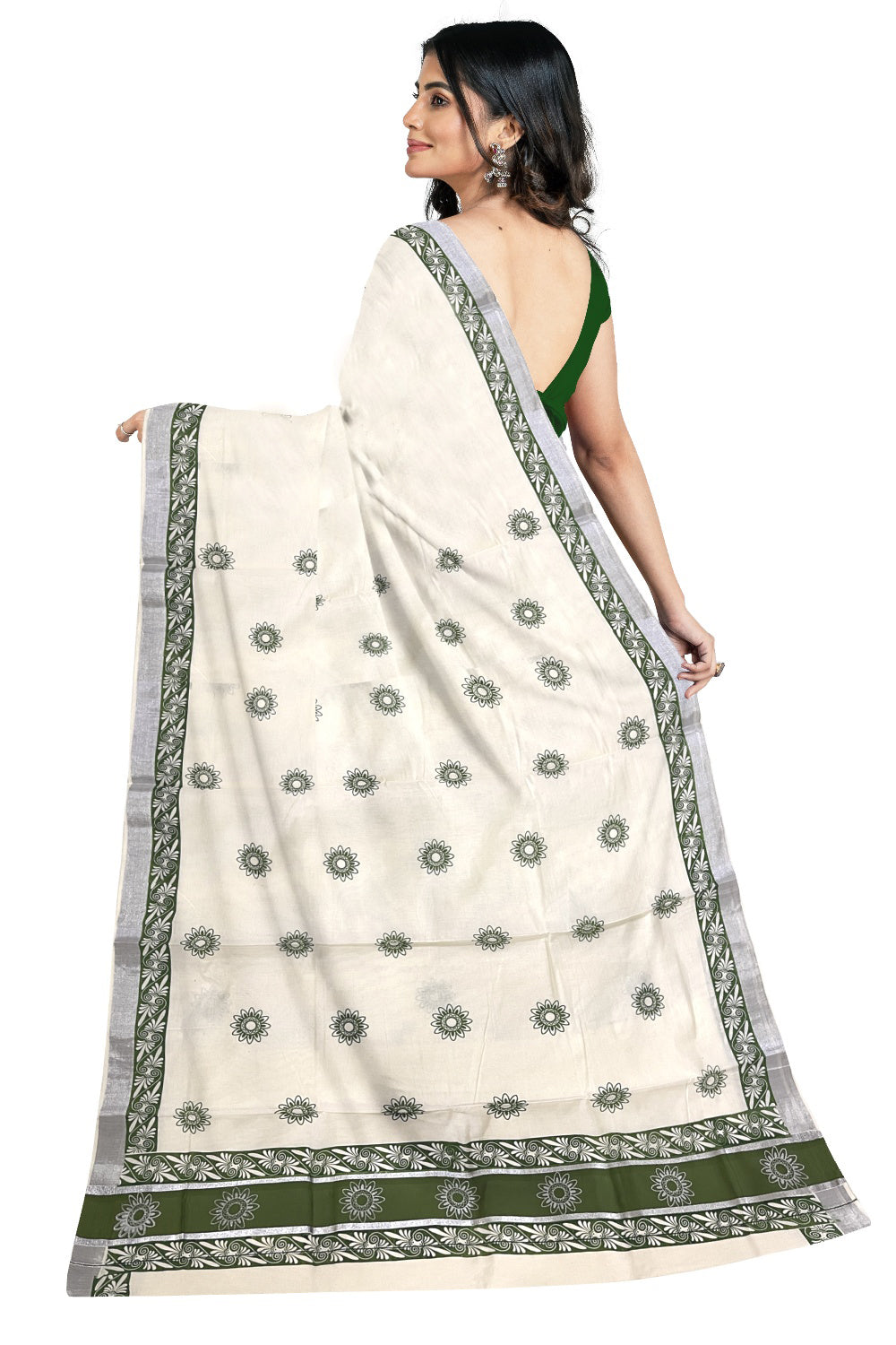 Pure Cotton Kerala Saree with Green Block Prints and Silver Kasavu Border (Onam Saree 2023)