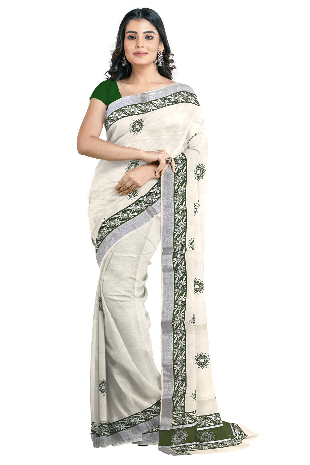 Pure Cotton Kerala Saree with Green Block Prints and Silver Kasavu Border (Onam Saree 2023)