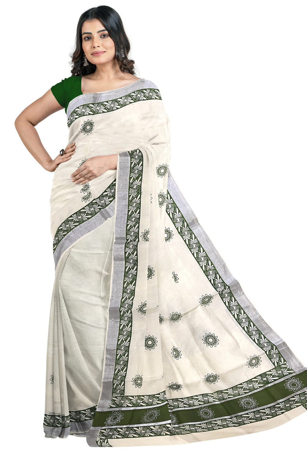 Pure Cotton Kerala Saree with Green Block Prints and Silver Kasavu Border (Onam Saree 2023)