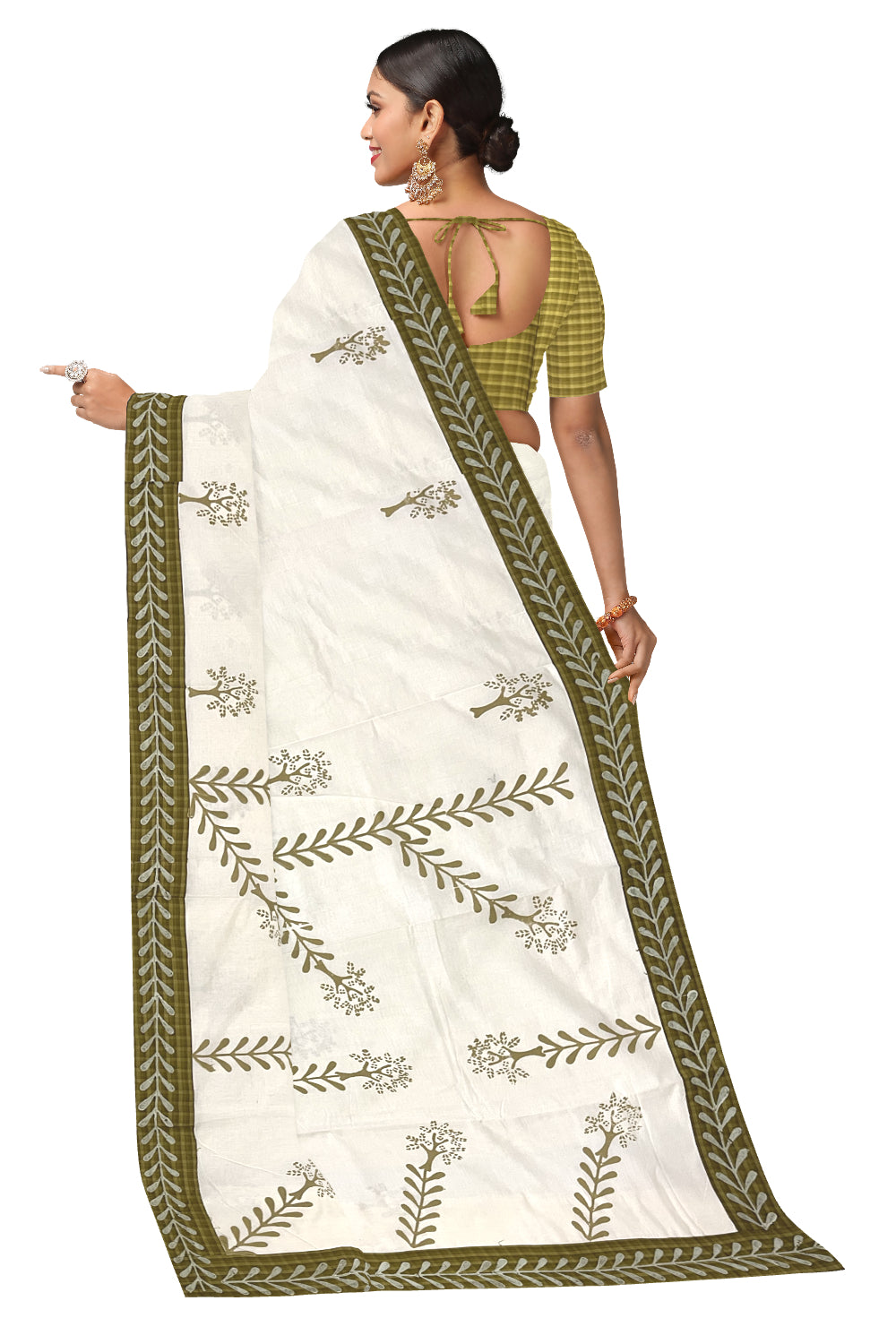 Pure Cotton Onam 2023 Kerala Saree with Hand Block Olive Green Batik Prints