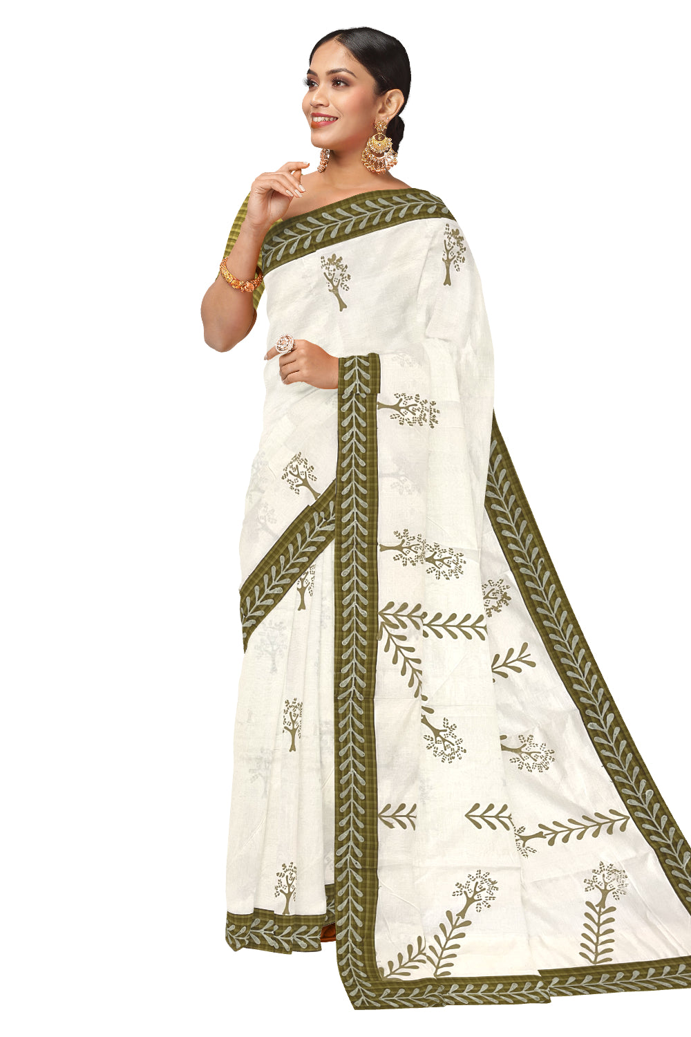 Pure Cotton Onam 2023 Kerala Saree with Hand Block Olive Green Batik Prints