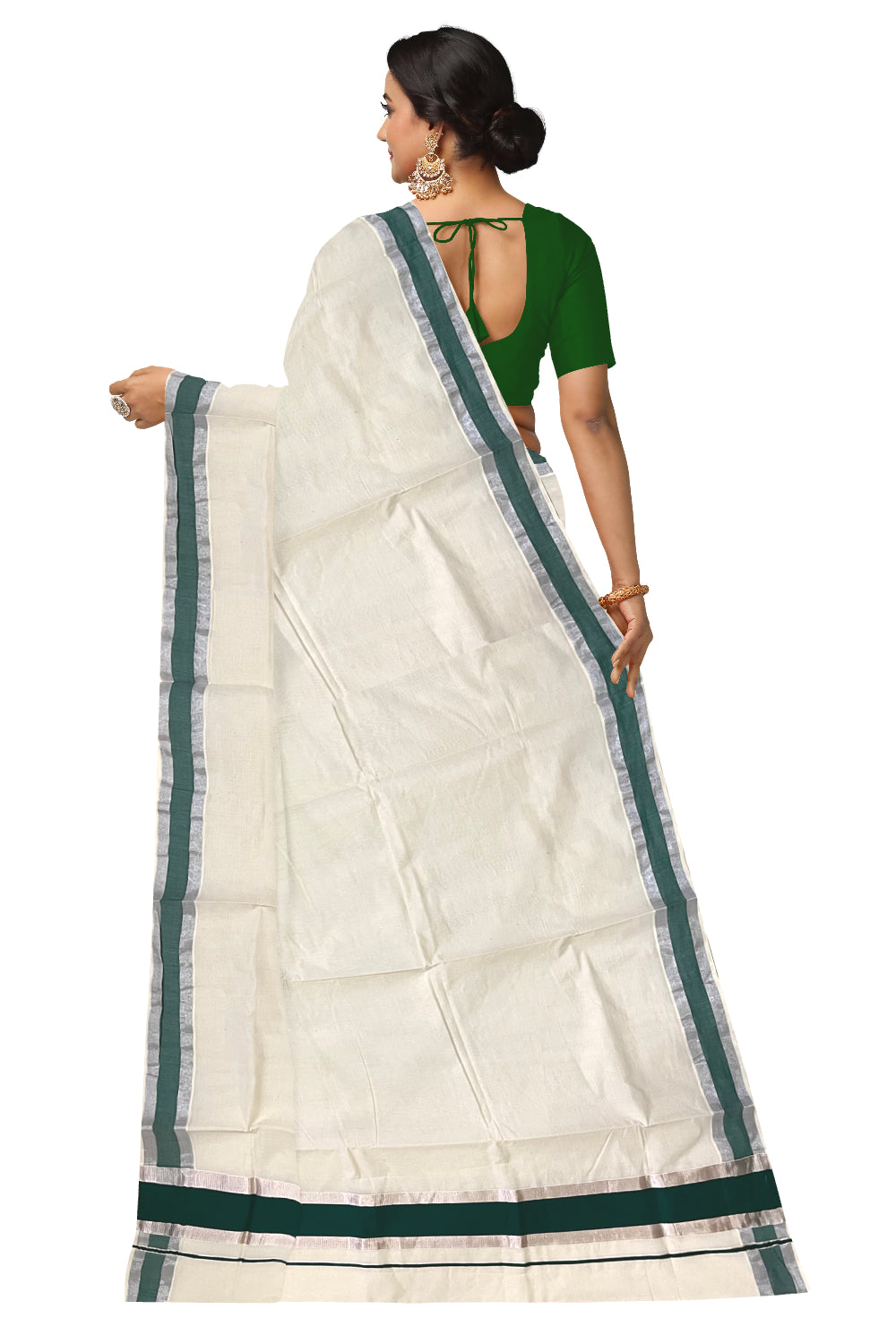 Pure Cotton Kerala Saree with Green and Silver Kasavu Border