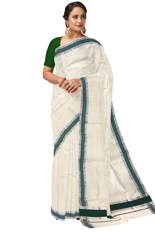 Pure Cotton Kerala Saree with Green and Silver Kasavu Border