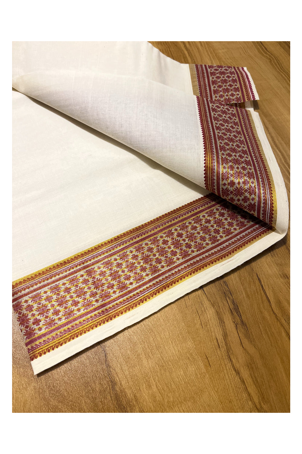 Kerala Pure Cotton Set Mundu Single (Mundum Neriyathum) with Maroon Block Prints on Kasavu and Silver Border 2.80Mtrs(Onam 2024 Collection)