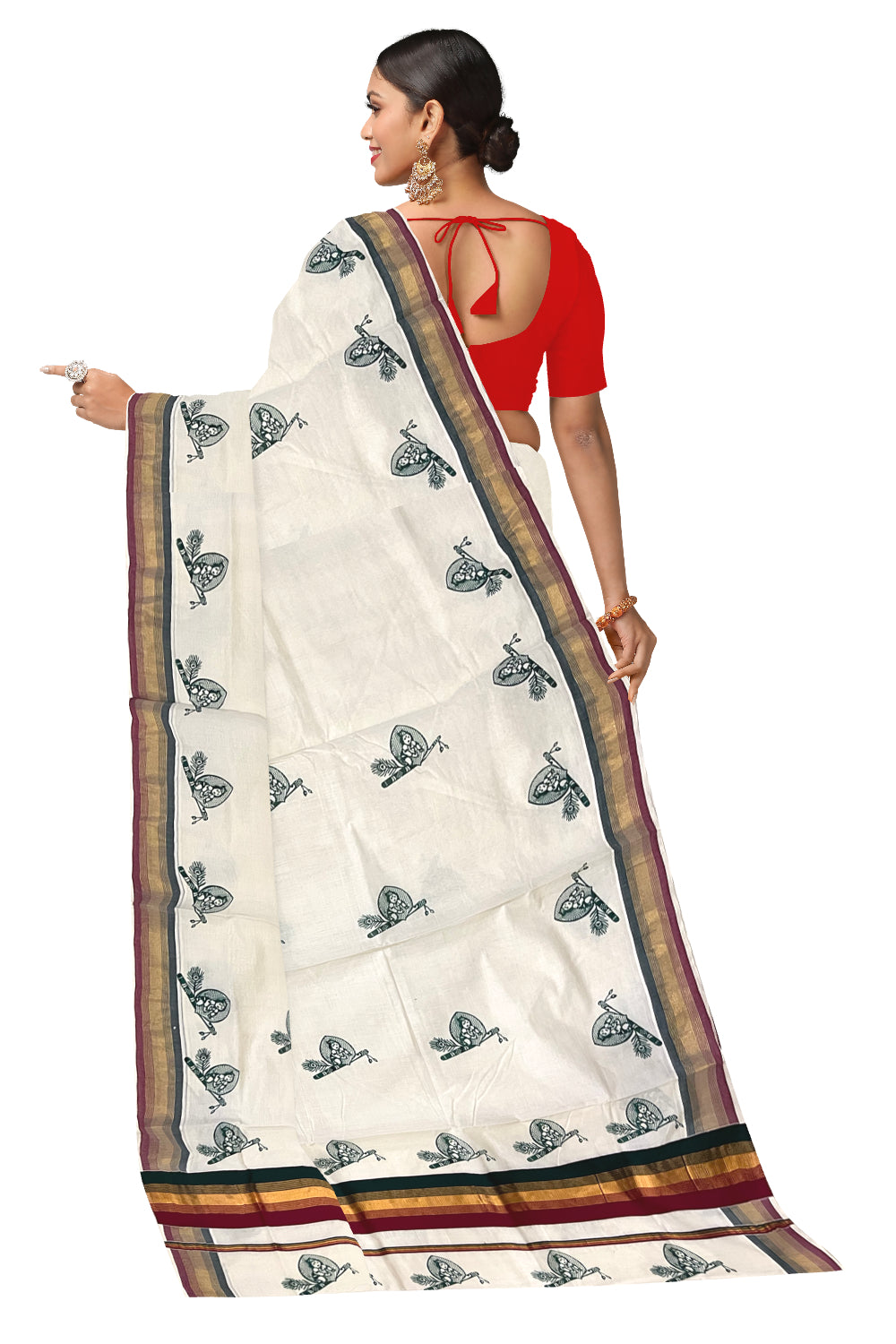 Pure Cotton Kerala Kasavu Saree with Krishna Block Printed Maroon Green Border