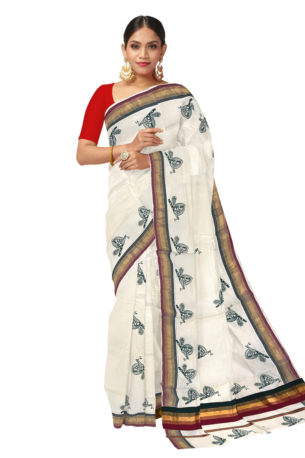 Pure Cotton Kerala Kasavu Saree with Krishna Block Printed Maroon Green Border