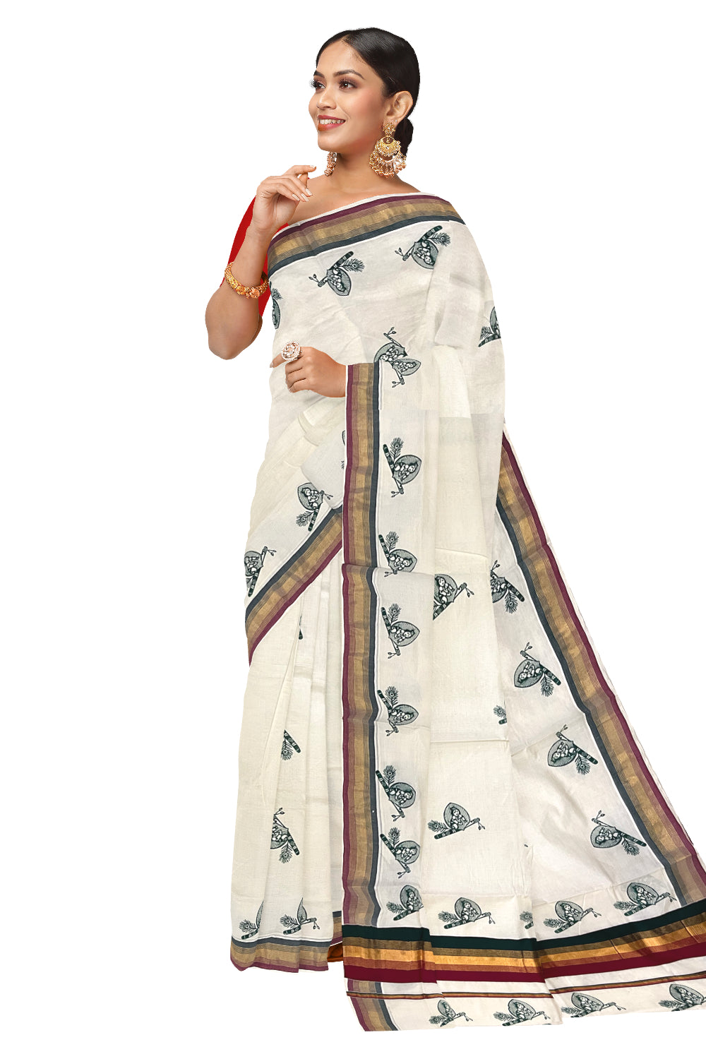 Pure Cotton Kerala Kasavu Saree with Krishna Block Printed Maroon Green Border