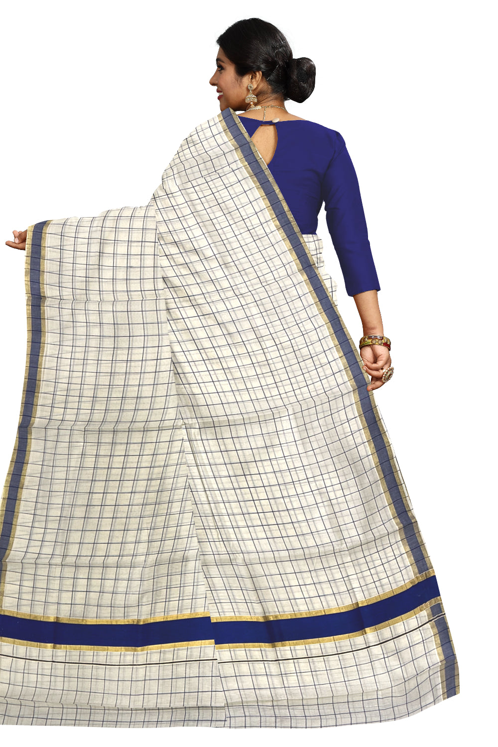 Kerala Woven Check Design Saree with Kasavu and Blue Border