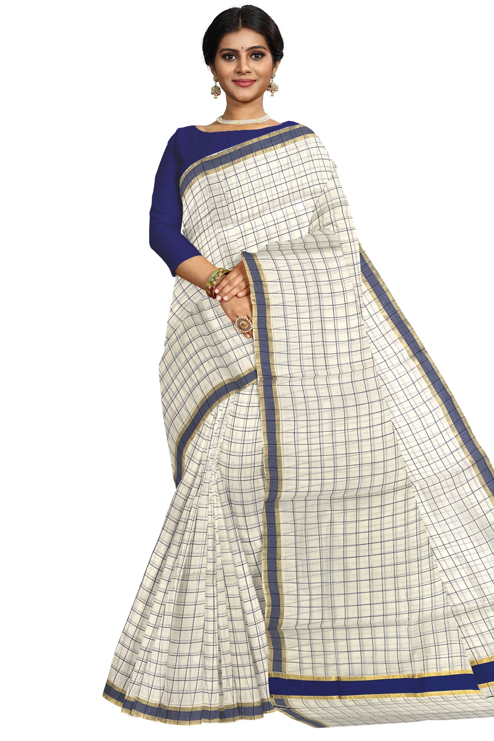 Kerala Woven Check Design Saree with Kasavu and Blue Border