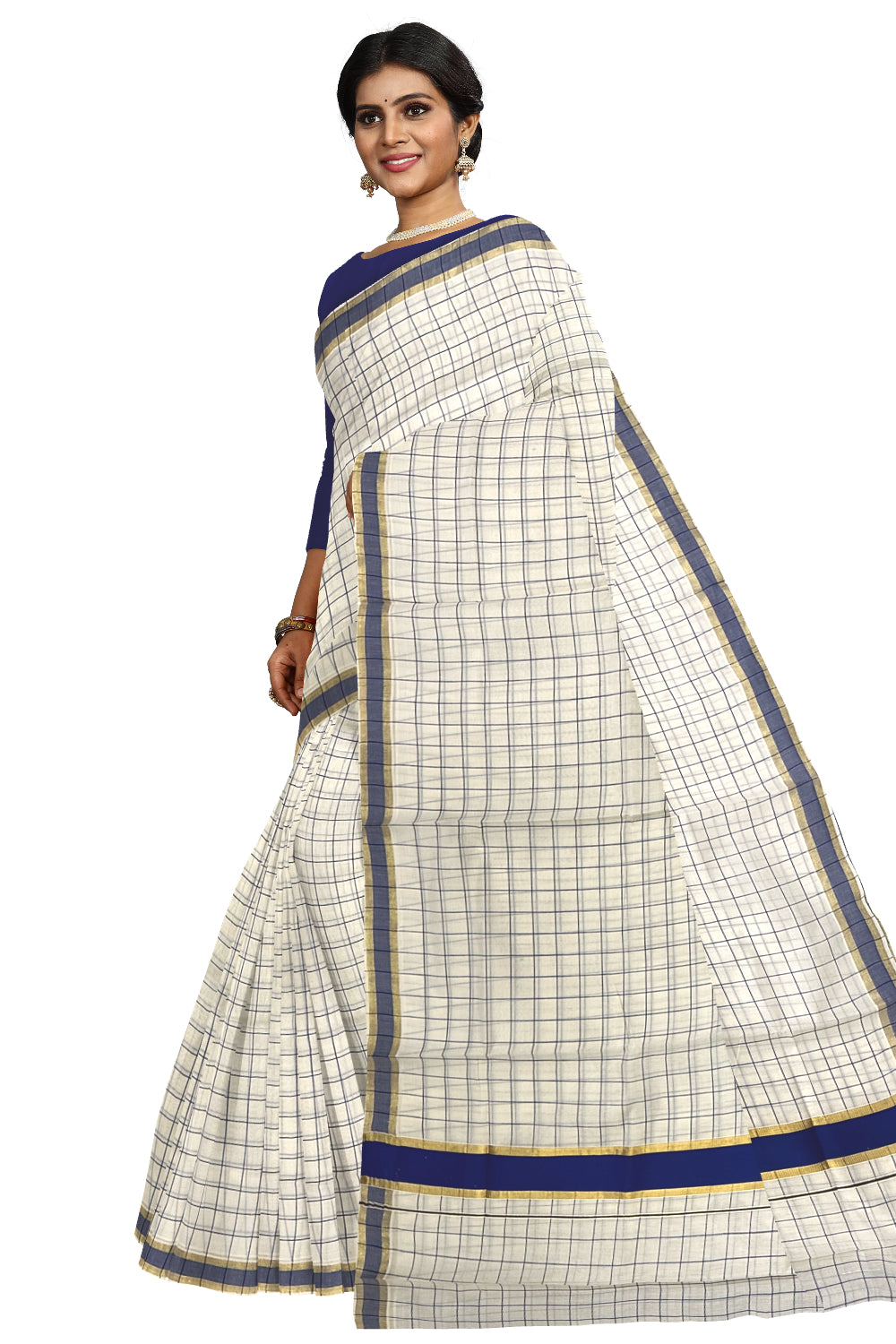 Kerala Woven Check Design Saree with Kasavu and Blue Border