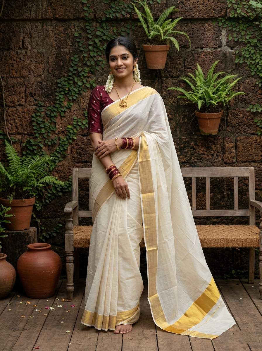Southloom Pure Cotton Kerala Saree with 3 inch Gold Kasavu Border