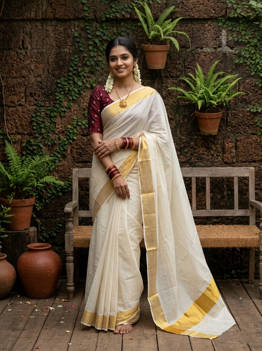 Southloom Pure Cotton Kerala Saree with 3 inch Gold Kasavu Border