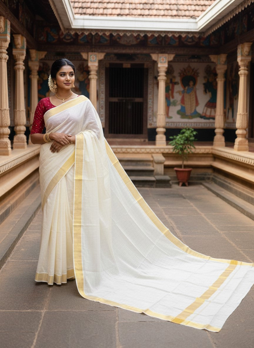 Pure Cotton Kerala Kasavu Check Design Saree with 2x2 inch Border