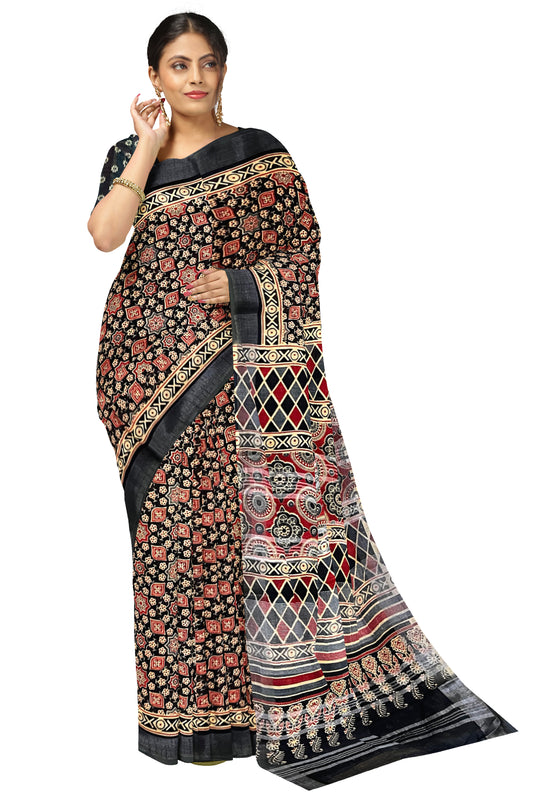 Southloom Linen Saree with Designer Black and Red Prints on Body